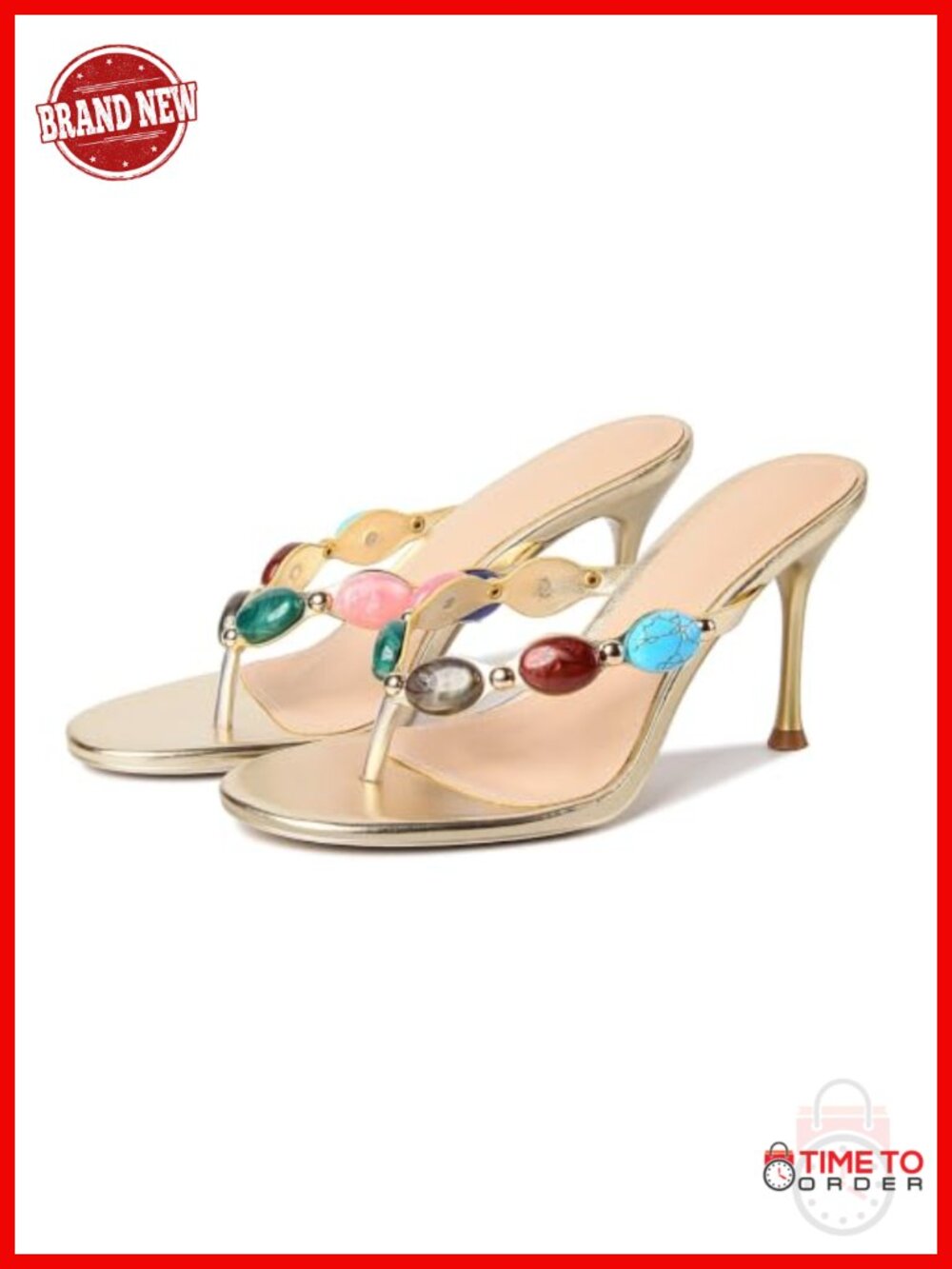Jeweled Beaded Thong Heeled Sandals Stiletto Flip Flop Faux Leather Summer